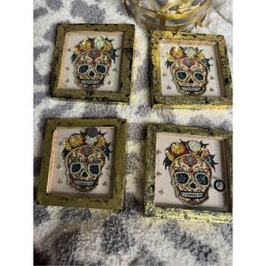 Glam gold mixed media beaded skull sugar skull coasters handmade lot of 4